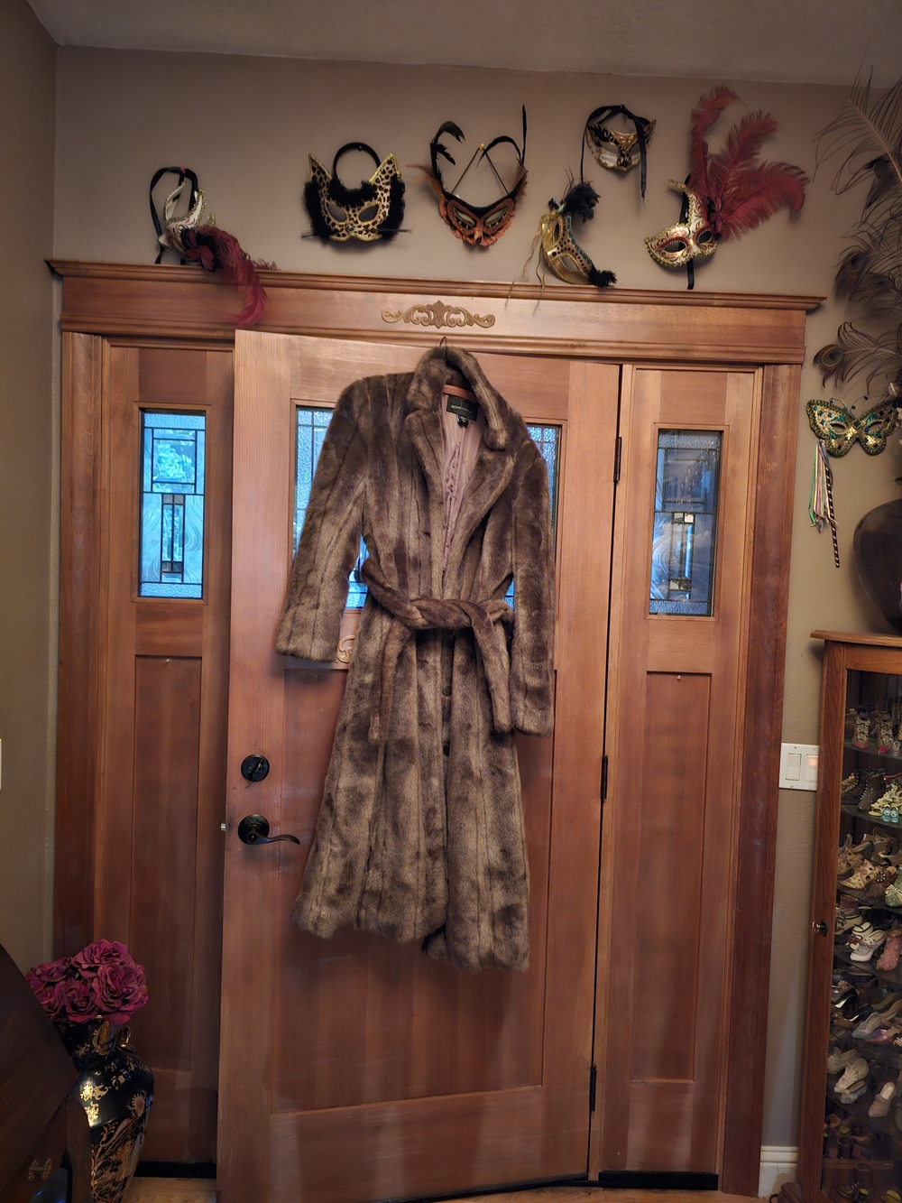 Moda International Brown Faux Fur Trench Coat with Tie Belt